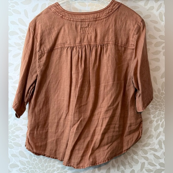 Pilcro Anthropologie Women’s S Coral LINEN Boxy Short Sleeve V Neck Top Blouse - Picture 2 of 8